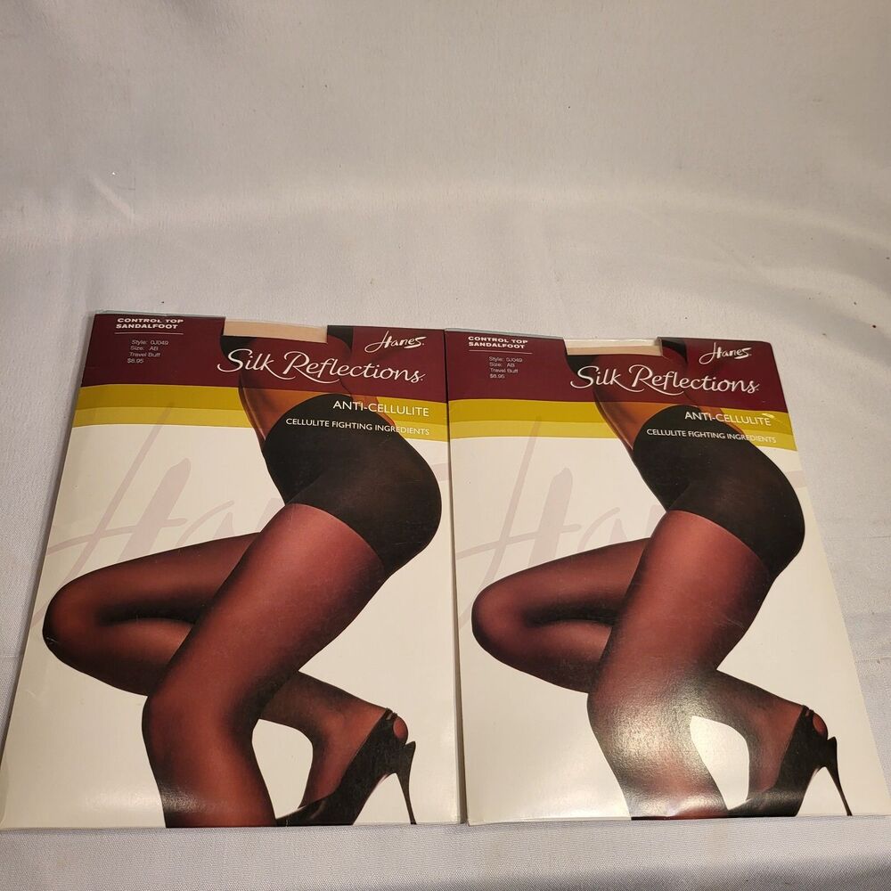 2 Pantyhose Hanes Silk Reflection Control Top ANTI CELLULITE SIZE AB TRAVEL BUFF